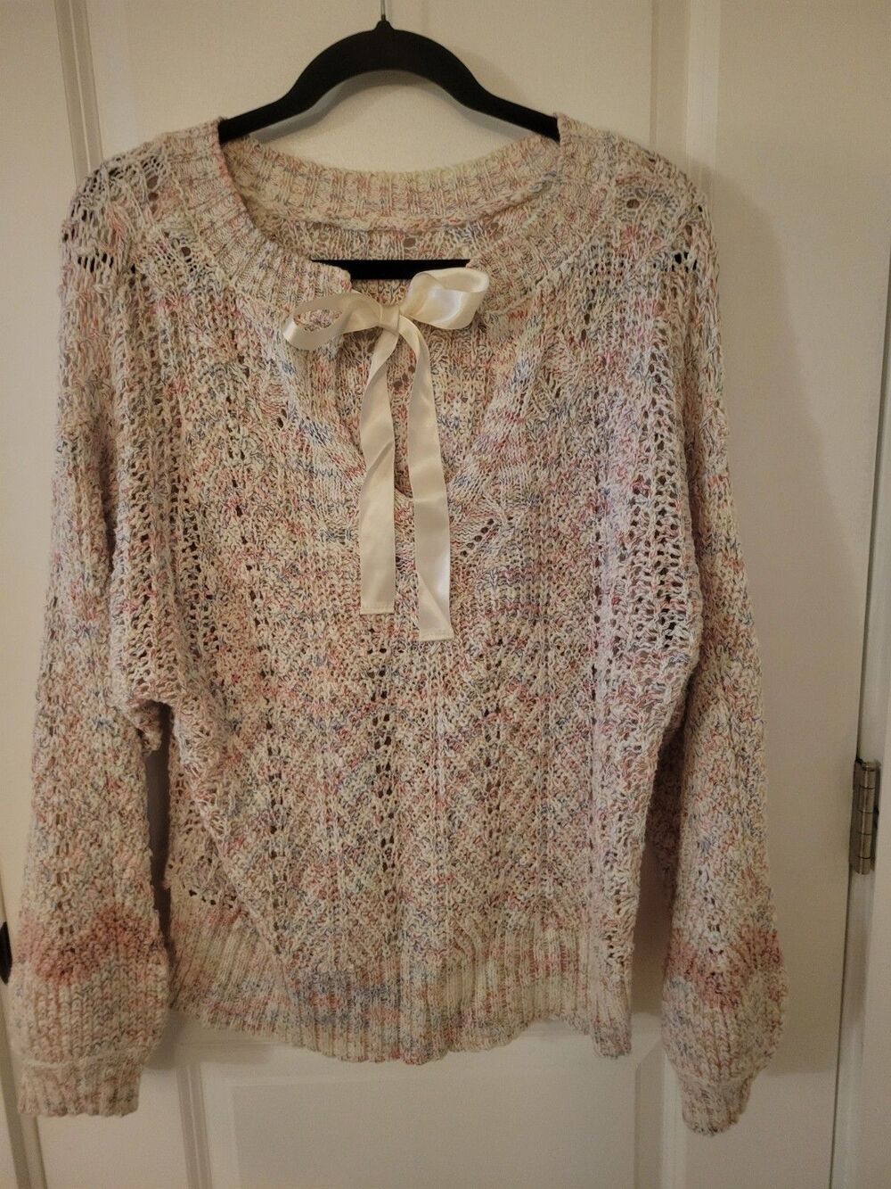 Dainty Feminine Princesscore Loose Knit Pastel Sweater W Ribbon Tie Sz XL